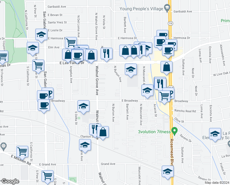 map of restaurants, bars, coffee shops, grocery stores, and more near 5529 North Burton Avenue in San Gabriel