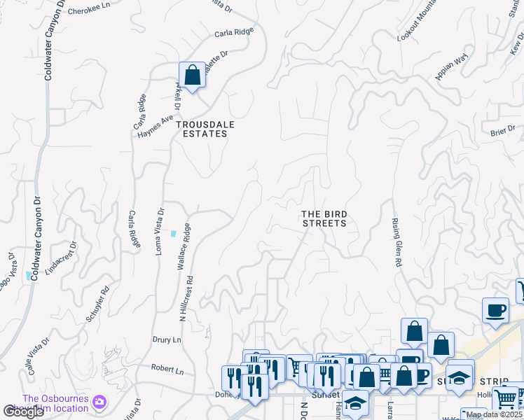 map of restaurants, bars, coffee shops, grocery stores, and more near 1151 North Hillcrest Road in Beverly Hills