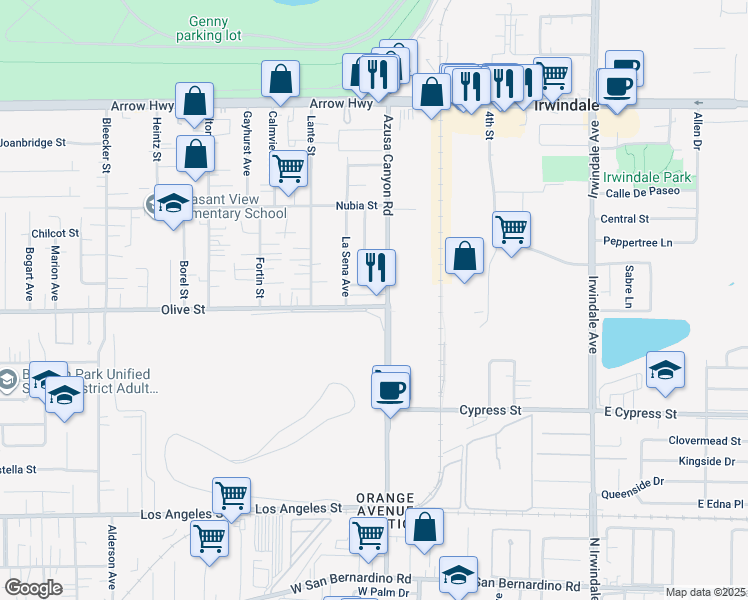 map of restaurants, bars, coffee shops, grocery stores, and more near 15433 Olive Street in Baldwin Park