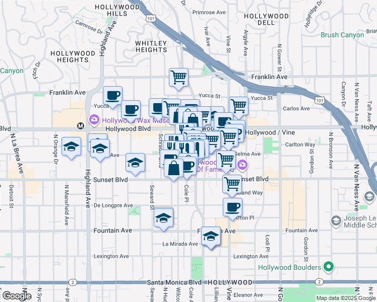 map of restaurants, bars, coffee shops, grocery stores, and more near 6417 Selma Avenue in Los Angeles