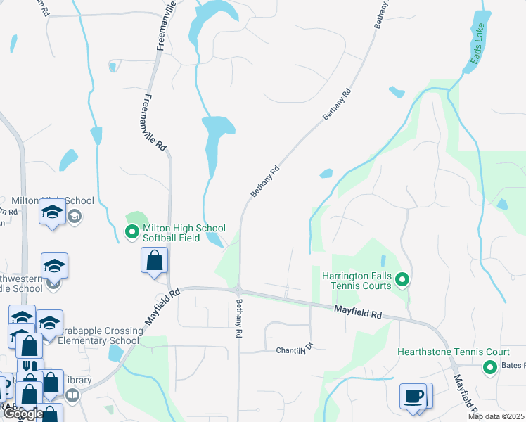 map of restaurants, bars, coffee shops, grocery stores, and more near 13075 Bethany Bend in Alpharetta