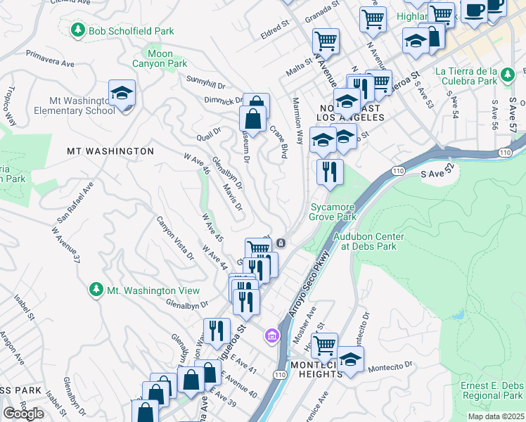 map of restaurants, bars, coffee shops, grocery stores, and more near 301 Museum Drive in Los Angeles