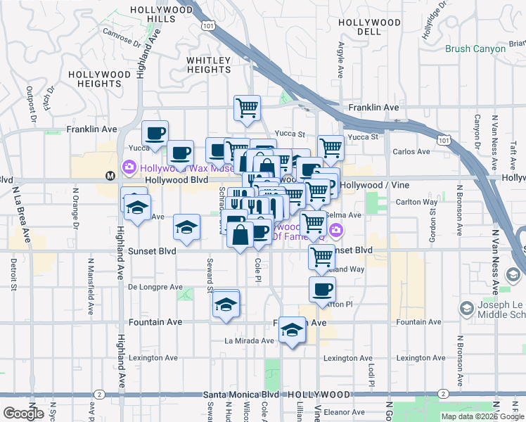 map of restaurants, bars, coffee shops, grocery stores, and more near in Los Angeles
