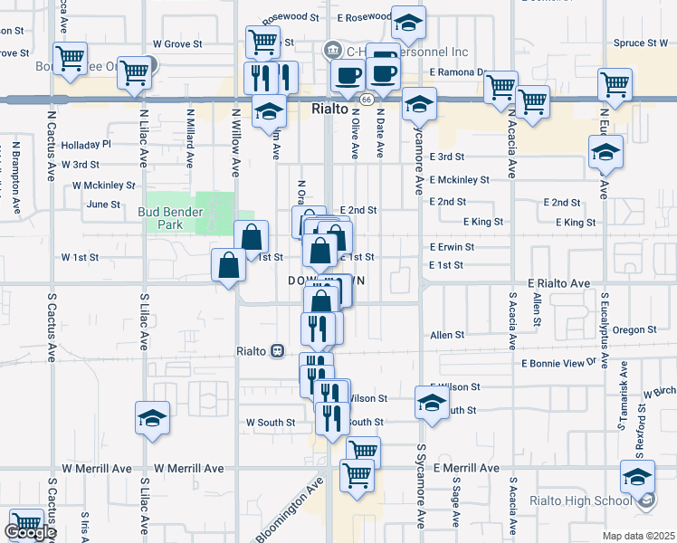 map of restaurants, bars, coffee shops, grocery stores, and more near 114 South Riverside Avenue in Rialto