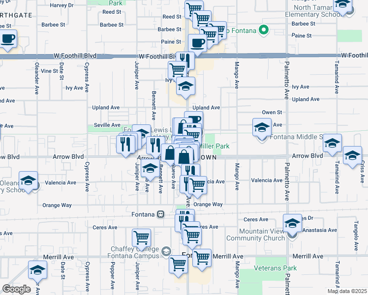 map of restaurants, bars, coffee shops, grocery stores, and more near 16876 Arrow Boulevard in Fontana