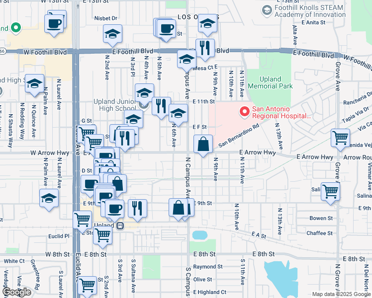 map of restaurants, bars, coffee shops, grocery stores, and more near in Upland