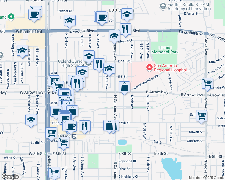 map of restaurants, bars, coffee shops, grocery stores, and more near in Upland