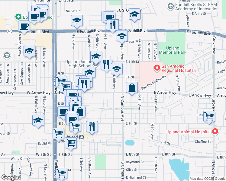 map of restaurants, bars, coffee shops, grocery stores, and more near 572 East Arrow Highway in Upland