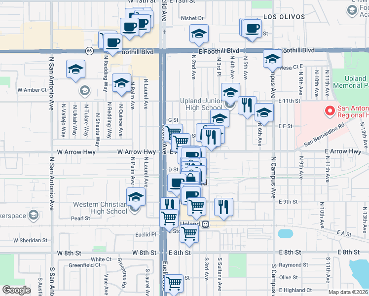 map of restaurants, bars, coffee shops, grocery stores, and more near in Upland