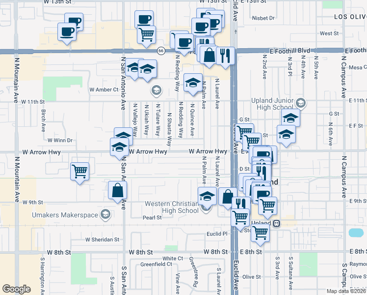 map of restaurants, bars, coffee shops, grocery stores, and more near 344 East Arrow Highway in Upland