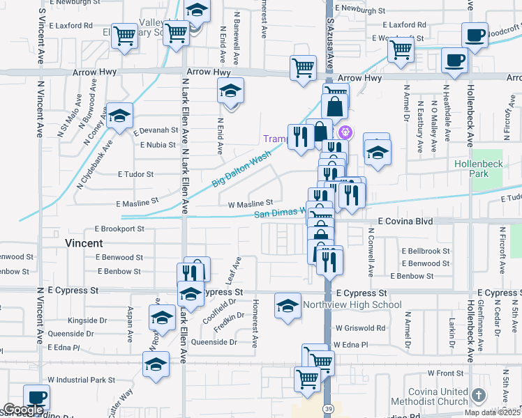 map of restaurants, bars, coffee shops, grocery stores, and more near 1113 East Brookport Street in Covina