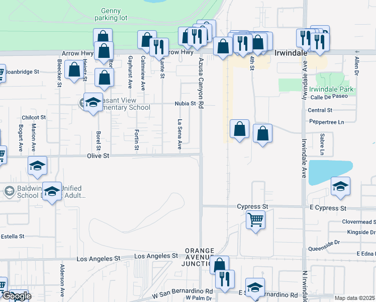 map of restaurants, bars, coffee shops, grocery stores, and more near 15433 Olive Street in Baldwin Park