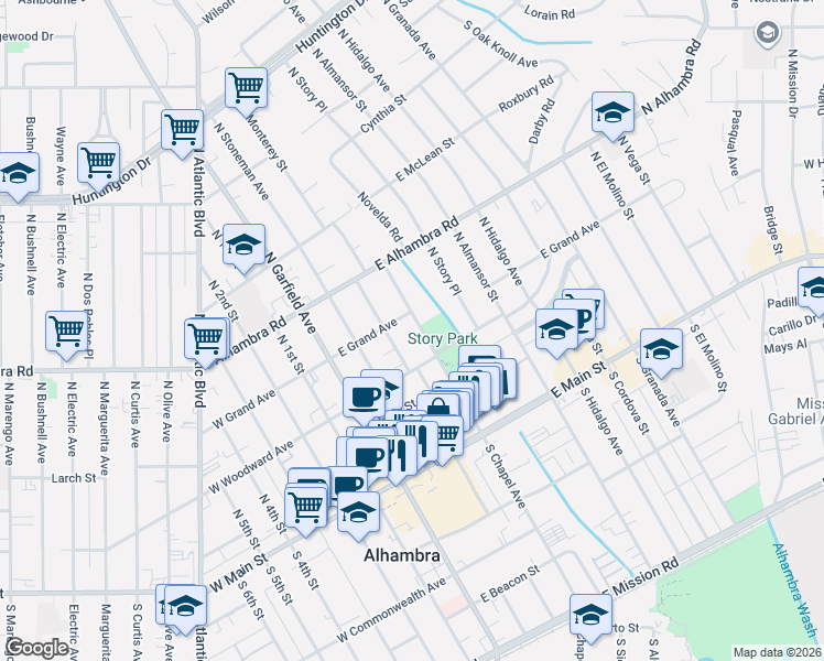 map of restaurants, bars, coffee shops, grocery stores, and more near 316 North Monterey Street in Alhambra