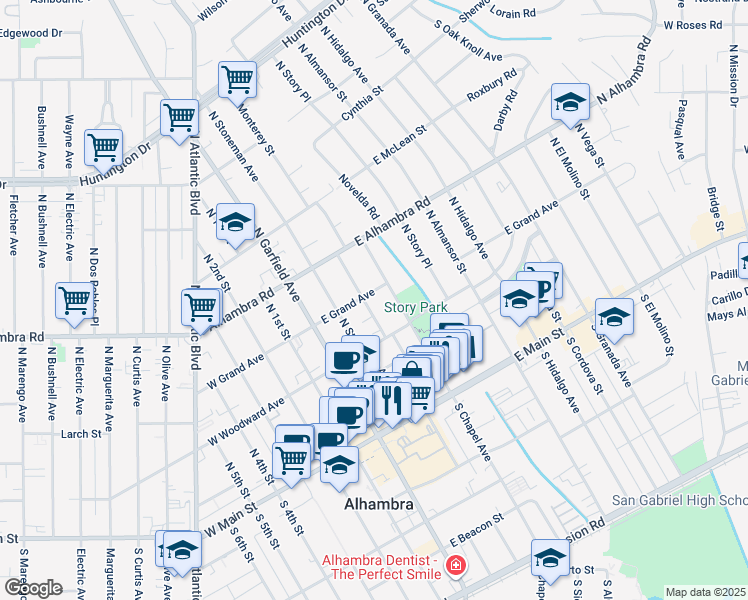 map of restaurants, bars, coffee shops, grocery stores, and more near 316 North Monterey Street in Alhambra