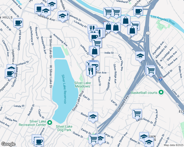 map of restaurants, bars, coffee shops, grocery stores, and more near 2376 Edgewater Terrace in Los Angeles