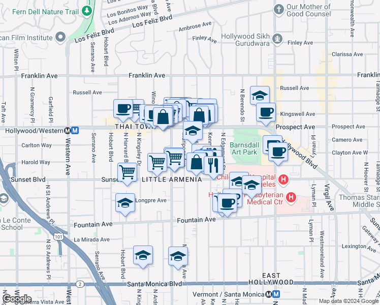 map of restaurants, bars, coffee shops, grocery stores, and more near 1542 North Mariposa Avenue in Los Angeles