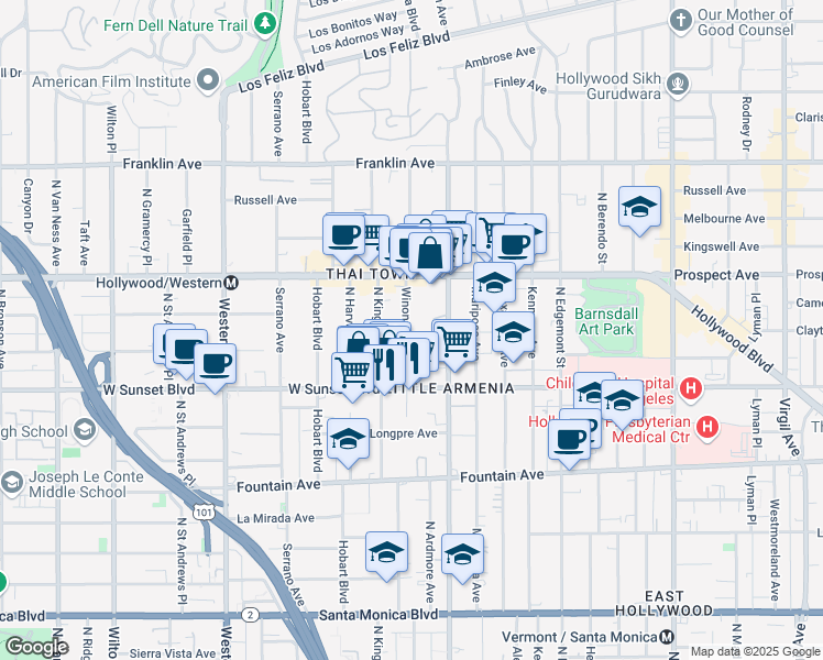 map of restaurants, bars, coffee shops, grocery stores, and more near 1546 Winona Boulevard in Los Angeles
