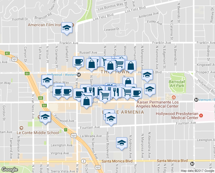 map of restaurants, bars, coffee shops, grocery stores, and more near 1550 North Hobart Boulevard in Los Angeles