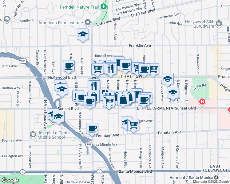 map of restaurants, bars, coffee shops, grocery stores, and more near 1545 North Hobart Boulevard in Los Angeles