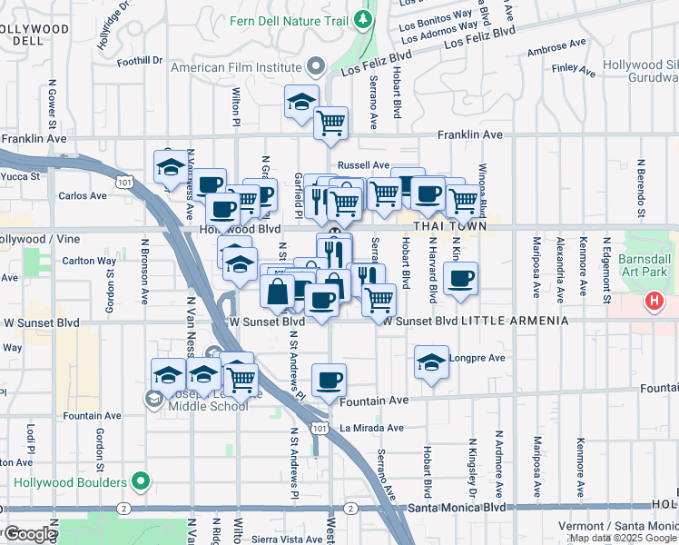 map of restaurants, bars, coffee shops, grocery stores, and more near in Los Angeles