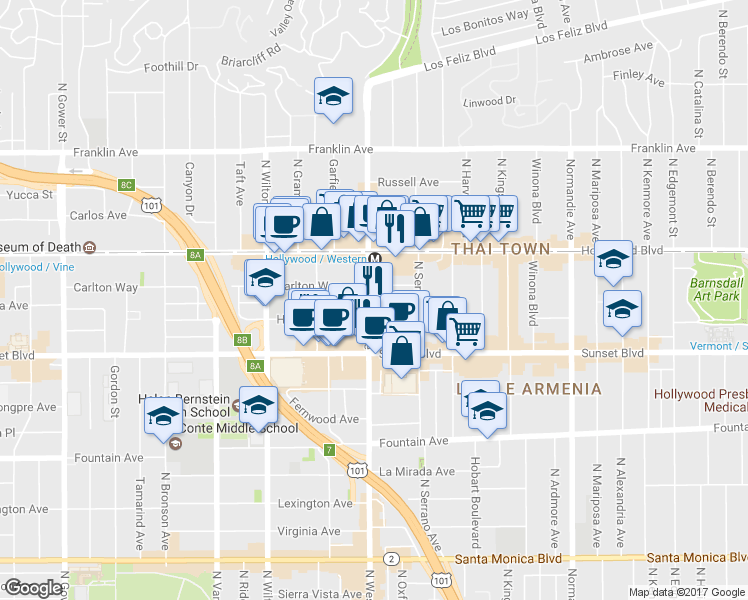 map of restaurants, bars, coffee shops, grocery stores, and more near in Los Angeles