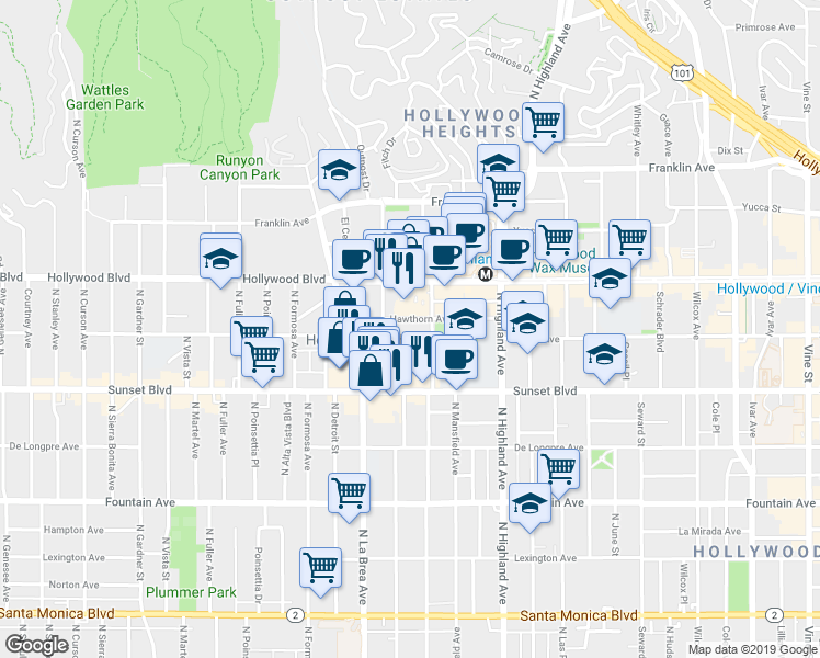 map of restaurants, bars, coffee shops, grocery stores, and more near 7027 Lanewood Avenue in Los Angeles