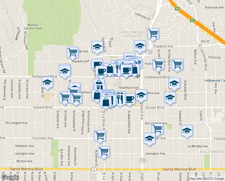 map of restaurants, bars, coffee shops, grocery stores, and more near 7027 Lanewood Avenue in Los Angeles
