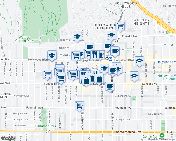 map of restaurants, bars, coffee shops, grocery stores, and more near 7027 Lanewood Avenue in Los Angeles