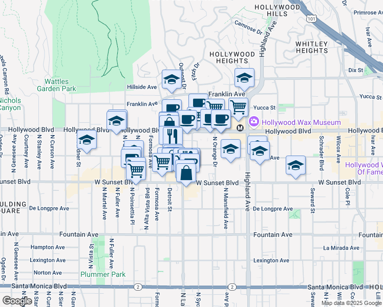 map of restaurants, bars, coffee shops, grocery stores, and more near 7075 Lanewood Avenue in Los Angeles