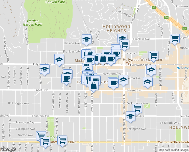 map of restaurants, bars, coffee shops, grocery stores, and more near 7075 Lanewood Avenue in Los Angeles