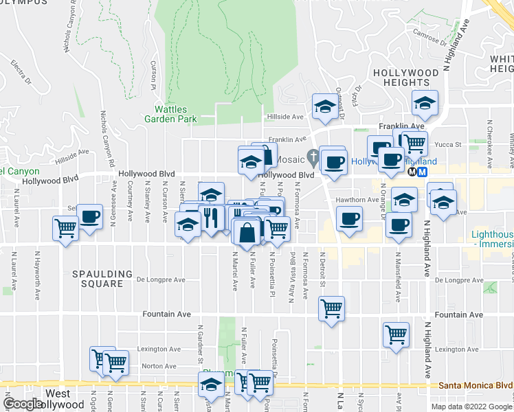 map of restaurants, bars, coffee shops, grocery stores, and more near 7346 Hawthorn Avenue in Los Angeles
