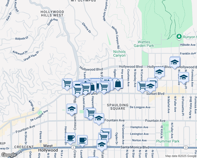 map of restaurants, bars, coffee shops, grocery stores, and more near 1547 North Fairfax Avenue in Los Angeles