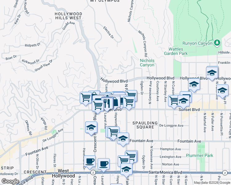 map of restaurants, bars, coffee shops, grocery stores, and more near 1547 North Hayworth Avenue in Los Angeles