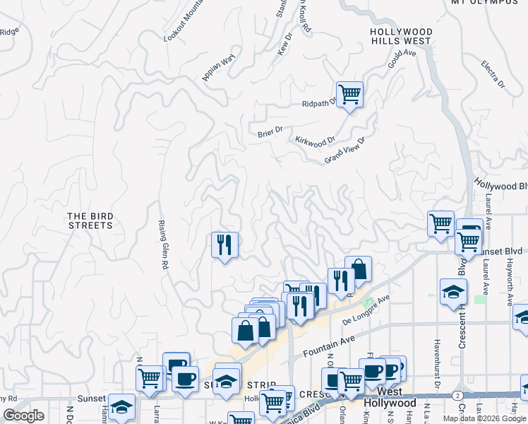 map of restaurants, bars, coffee shops, grocery stores, and more near 8650 Franklin Avenue in Los Angeles