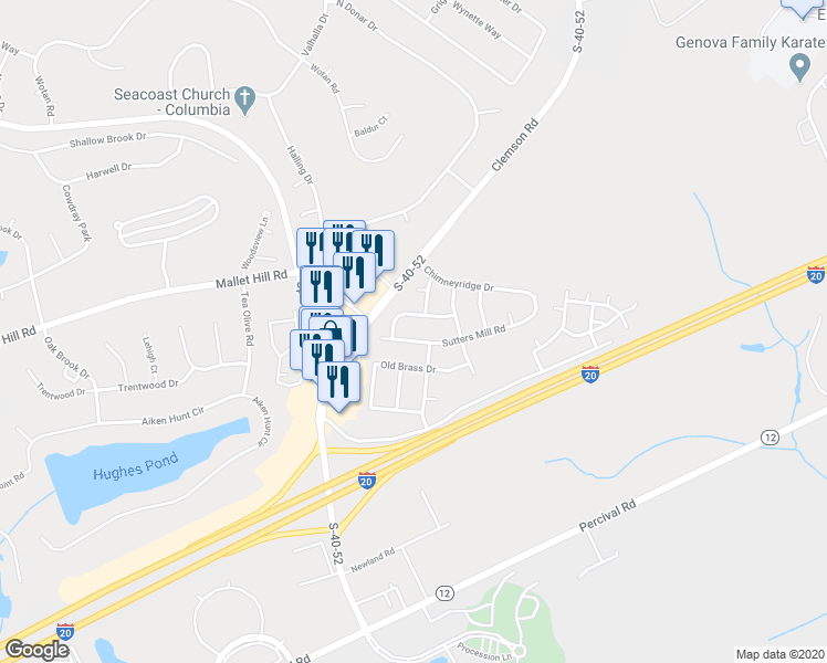 map of restaurants, bars, coffee shops, grocery stores, and more near 420 Sutters Mill Road in Columbia