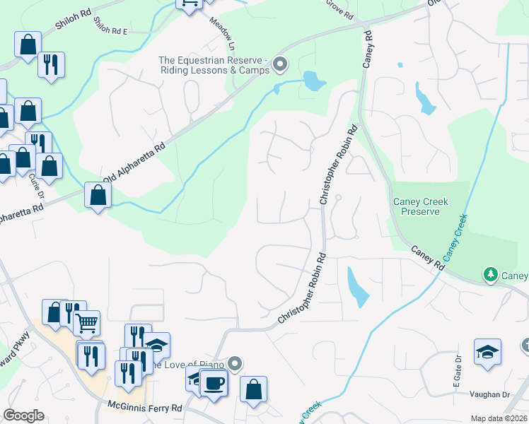 map of restaurants, bars, coffee shops, grocery stores, and more near 200 Rose Meadow Lane in Alpharetta