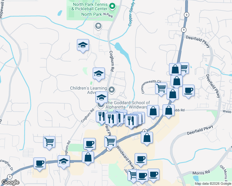 map of restaurants, bars, coffee shops, grocery stores, and more near 13175 Cogburn Road in Milton