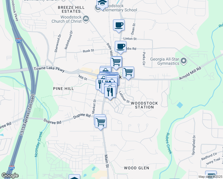 map of restaurants, bars, coffee shops, grocery stores, and more near 380 Chambers Street in Woodstock
