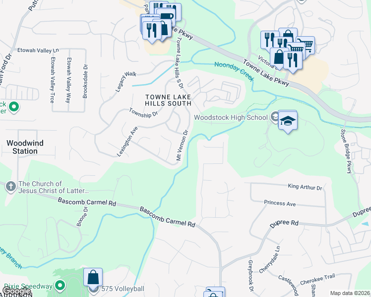 map of restaurants, bars, coffee shops, grocery stores, and more near 4029 Mount Vernon Drive in Woodstock