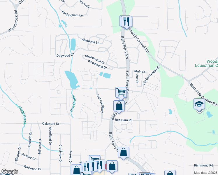 map of restaurants, bars, coffee shops, grocery stores, and more near 6235 Bells Ferry Road in Acworth