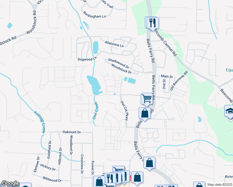 map of restaurants, bars, coffee shops, grocery stores, and more near 1136 Buice Lake Parkway in Acworth