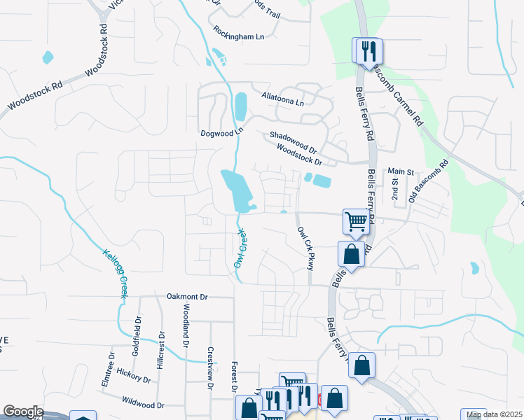 map of restaurants, bars, coffee shops, grocery stores, and more near 1372 Hunter Road in Acworth