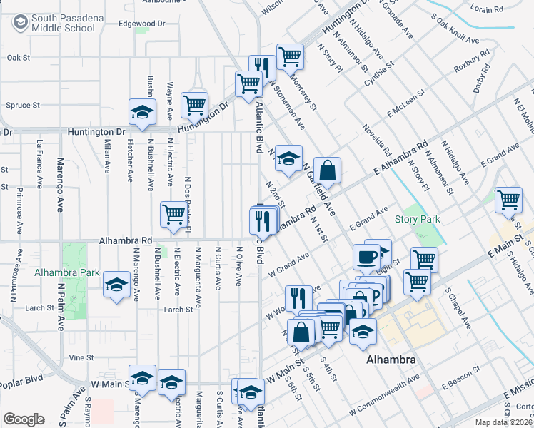 map of restaurants, bars, coffee shops, grocery stores, and more near 638 North Atlantic Boulevard in Alhambra