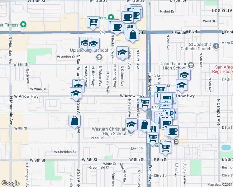 map of restaurants, bars, coffee shops, grocery stores, and more near 355 West Arrow Highway in Upland