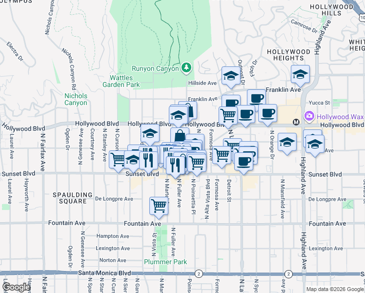 map of restaurants, bars, coffee shops, grocery stores, and more near 1601 North Fuller Avenue in Los Angeles
