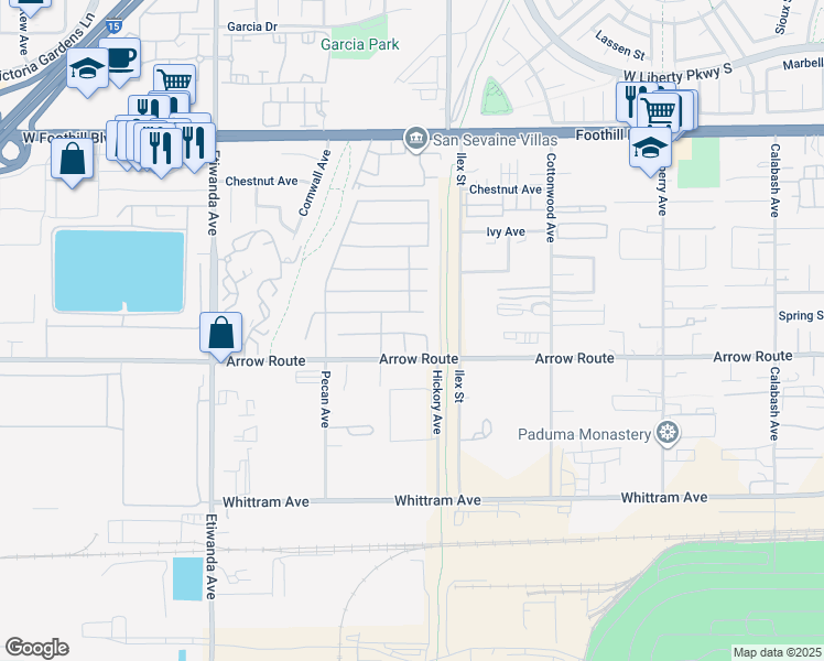 map of restaurants, bars, coffee shops, grocery stores, and more near 13246 Baxter Springs Drive in Rancho Cucamonga