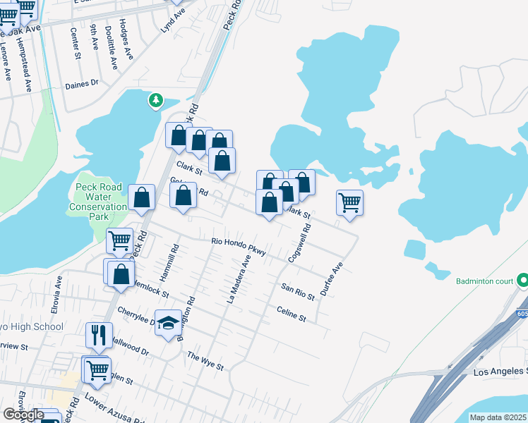 map of restaurants, bars, coffee shops, grocery stores, and more near 11877 Goldring Road in Arcadia