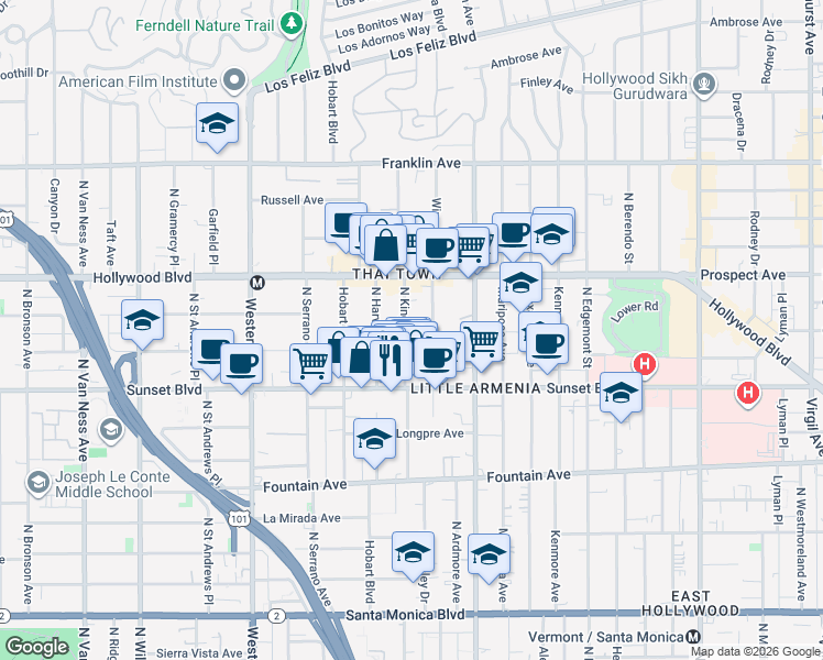 map of restaurants, bars, coffee shops, grocery stores, and more near 1543 North Kingsley Drive in Los Angeles