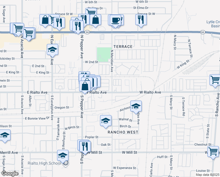 map of restaurants, bars, coffee shops, grocery stores, and more near 2744 West Rialto Avenue in Rialto