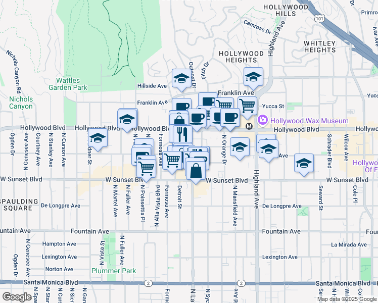 map of restaurants, bars, coffee shops, grocery stores, and more near 7075 Lanewood Avenue in Los Angeles